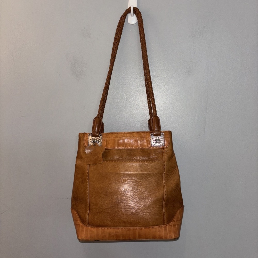 M.C.  Boho Leather Shoulder‎ Bag Tan Cognac Braided Handle Silver Medallions